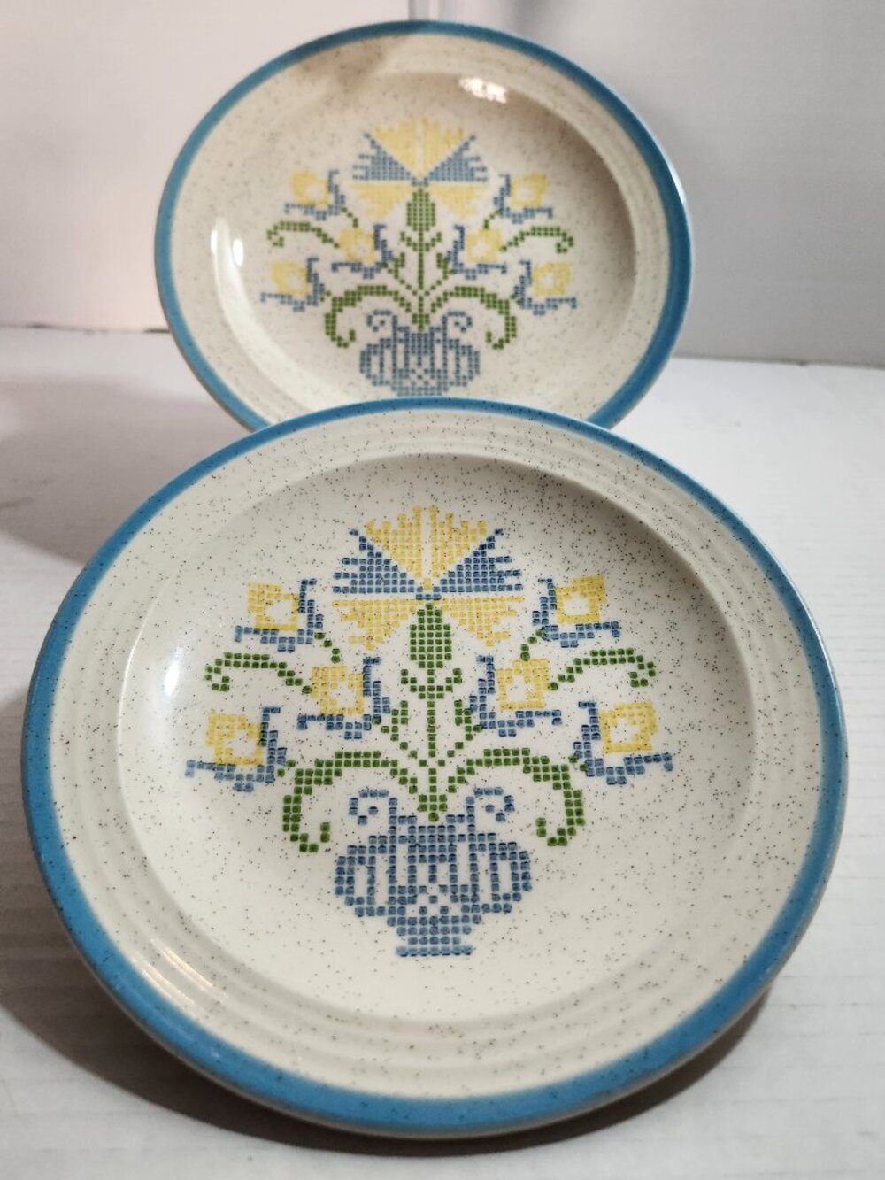 Vintage 1970s Homer Laughlin Cross-Stitch Stoneware Salad Plates Folk Art Flower